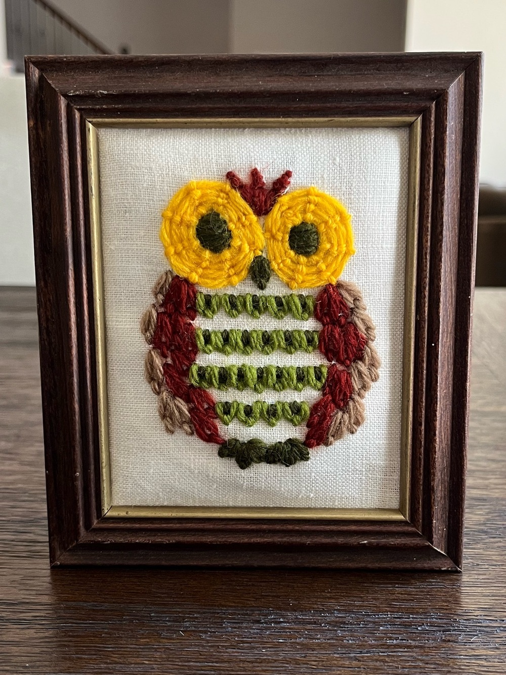 Vintage Crewel Embroidery Owl Framed Picture